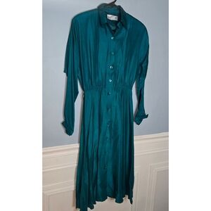 Vintage Teal Blue 100% Silk Midi Front Button A-Line Long Sleeve Dress Size XS